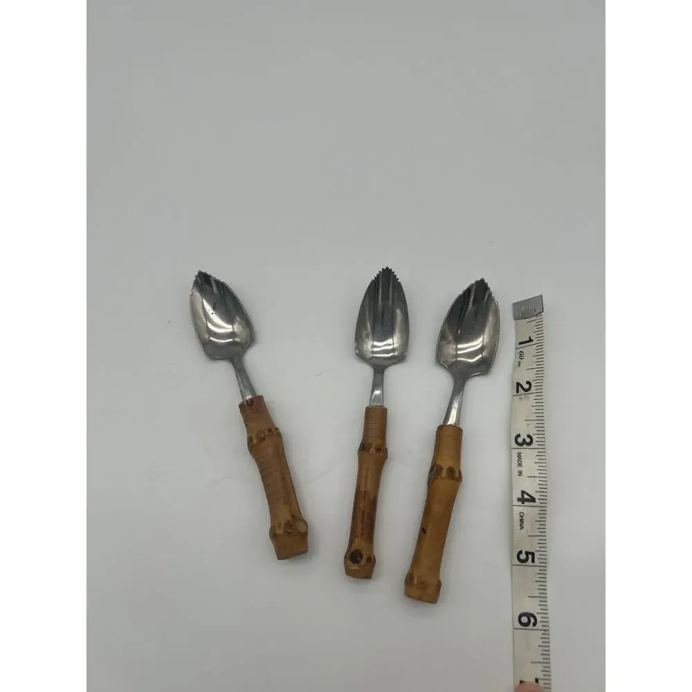 Vintage Japan Stainless Grapefruit Spoons Serrated Bamboo MCM Tiki Set of 3